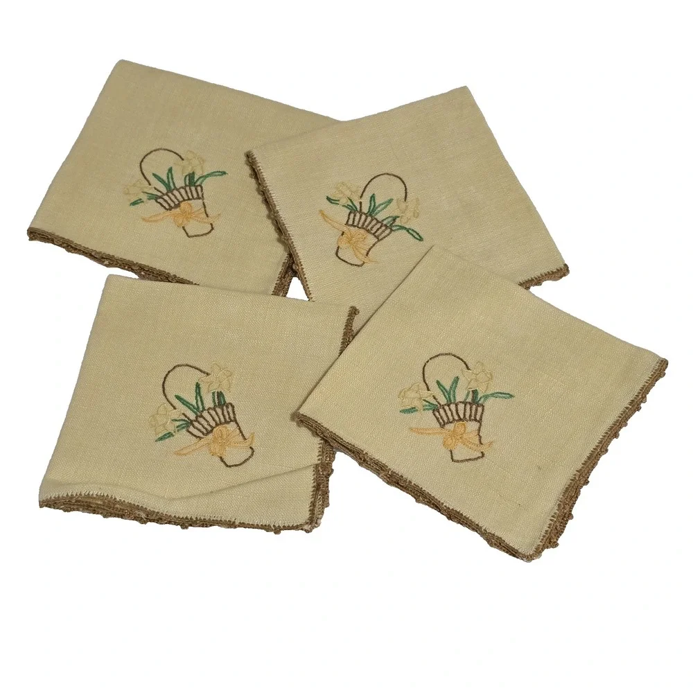 VTG‎ Hand Embroidered Linen Napkins Set of 4 Yellow Floral Basket Crochet Trim